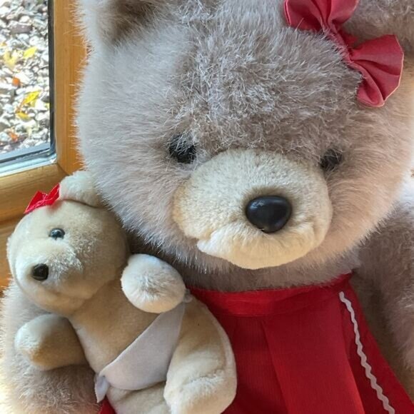 Shopco Cuddly Mother & Baby Bear Plush Set With Red Dress & Bows - Picture 1 of 8